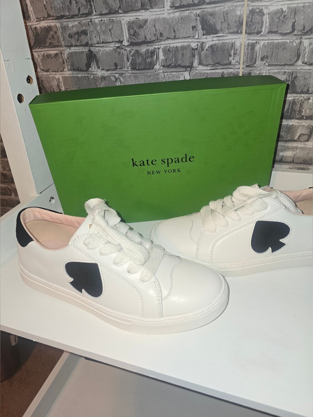 kate spade White Leather Sneakers with Black Heart Accent
